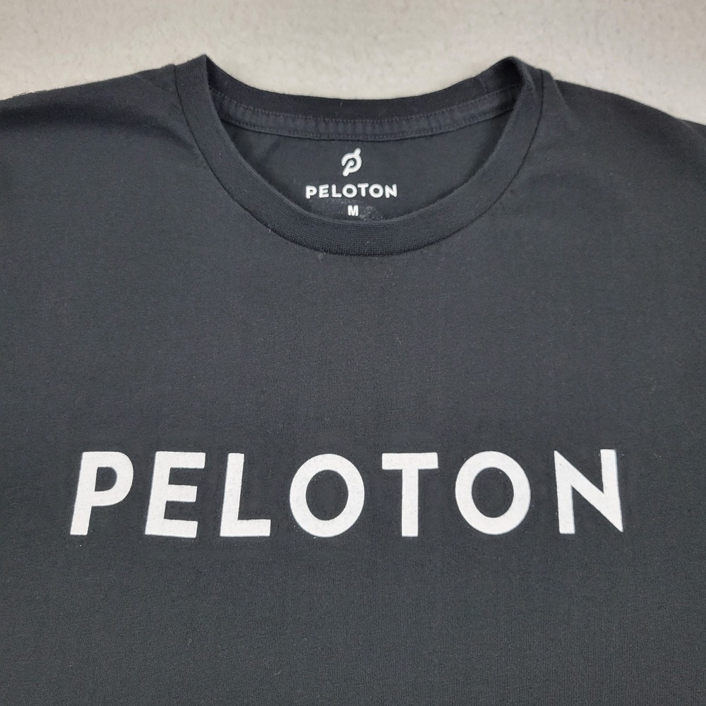 Peloton Century 100 Shirt Mens Medium Black Spell Out Logo Athletic Gym Tee